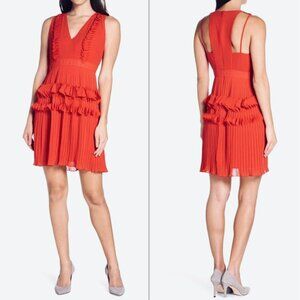 Foxiedox Red Pleated Ruffle Dress Sz S VNeck Sleeveless Zipper Lined